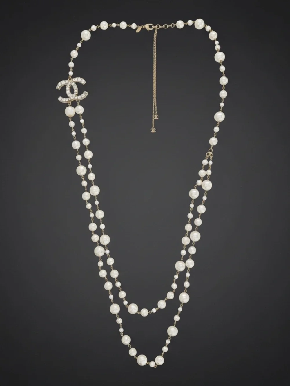 Authentic Chanel A10 Faux Pearl Double-Strand CC Long Necklace – Adjustable